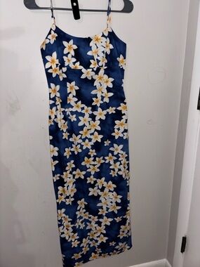 Navy Floral Slip Maxi Dress with White Plumeria